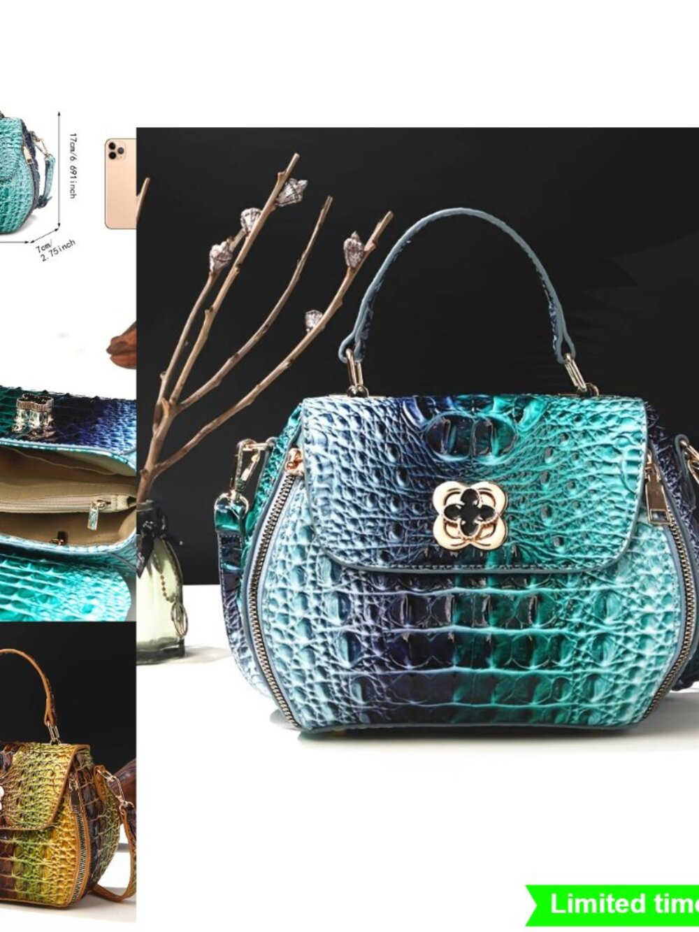 Classic Solid Square Handbag Crocodile Pattern Top Handle Bag
